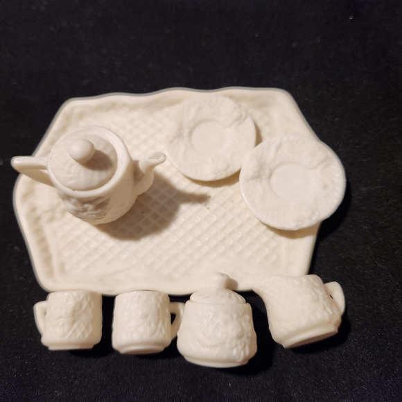 Vintage 10 Piece Porcelain Bisque White Rose Victorian Miniature Tea Set Doll - Picture 2 of 8